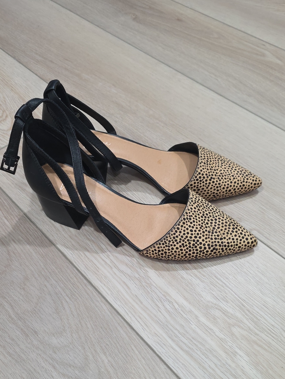 Pointed Toe D'Orsay Block Heel Shoes in Black and Leopard